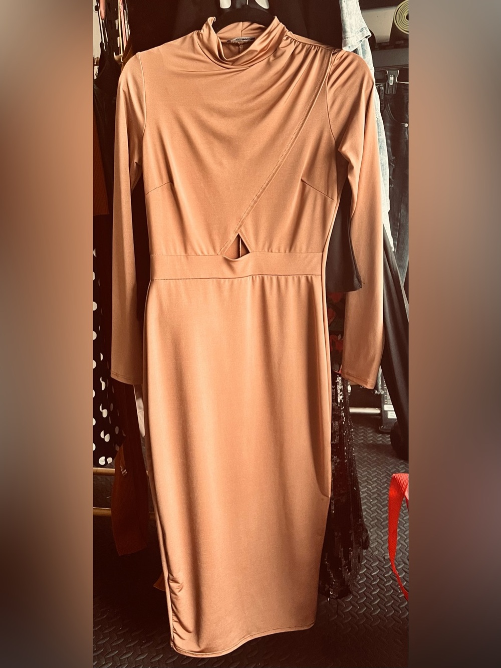 Fashion Nova Camel Long Sleeve Mock Neck Midi Dress